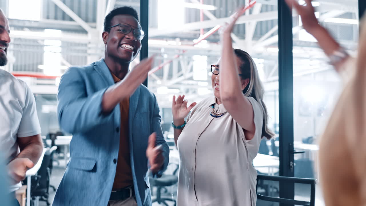 High five, applause and happy business people