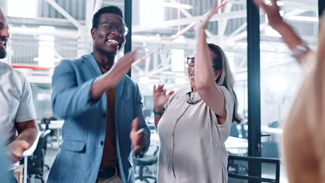 high five, applause and happy business people