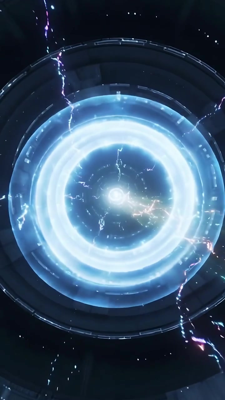 Video verticale: Anelli concentrici pulsanti, un'orbita centrale che si forma dopo il nucleo in una camera che emette archi viola.