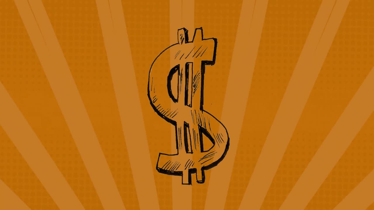 Animazione di simboli del dollaro su effetto sunburst su sfondo arancione