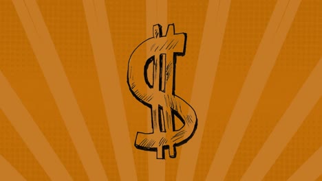 Animation-of-dollar-symbols-over-sunburst-against-orange-background