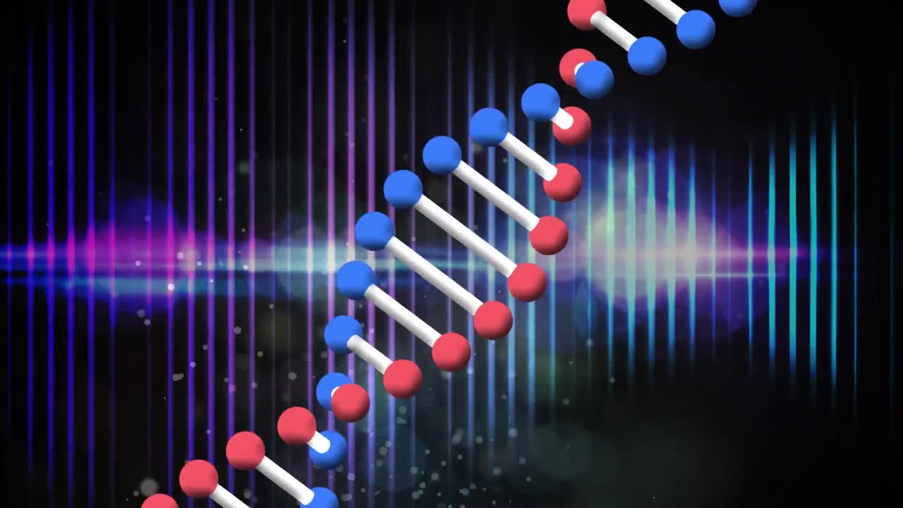 ⁇ 색 빛 반점과 반 ⁇ 이는 네온 선이 있는 회전하는 dna 가닥의 애니메이션