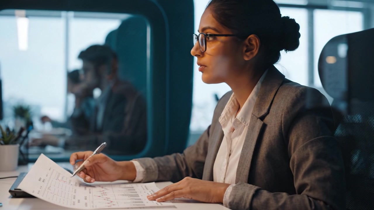 Focused Professional Working on Documents in a Modern Office Environment, Showcasing Concentration and Attention to Detail with Colleagues in the Background