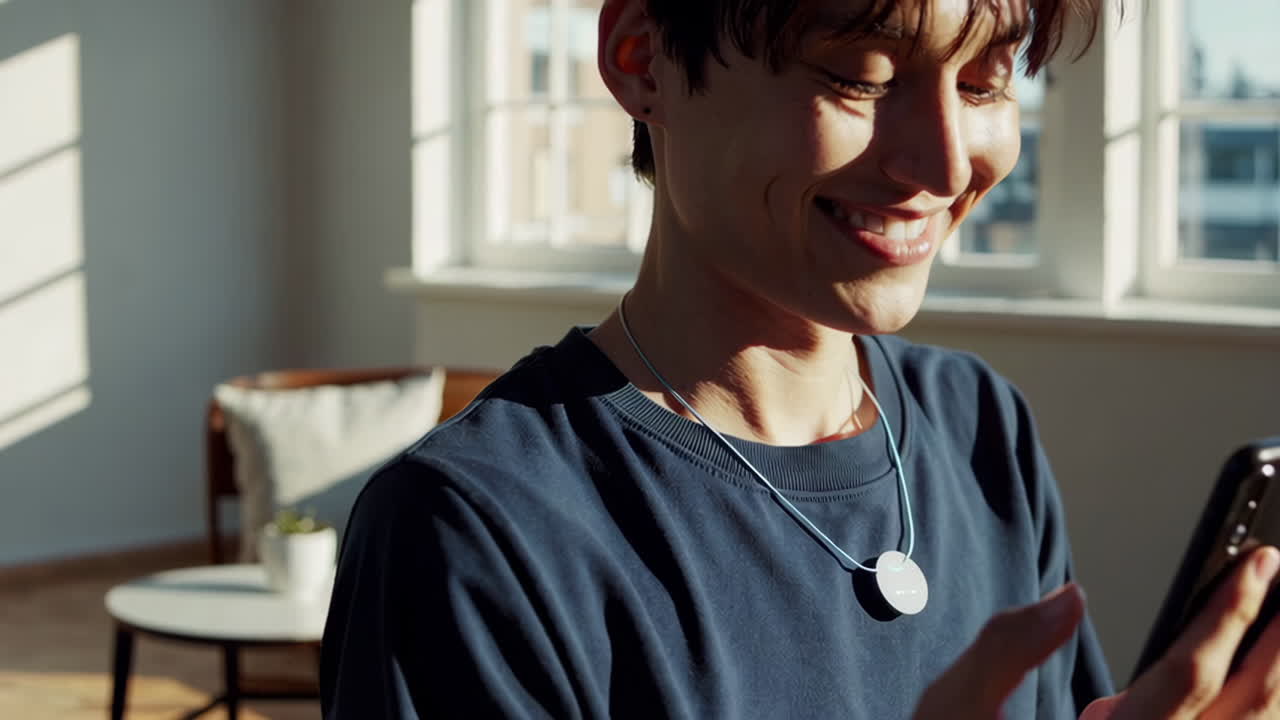 Woman using smartphone in a sunny room