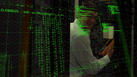 animación del procesamiento de datos sobre el hombre caucásico en la sala de servidores