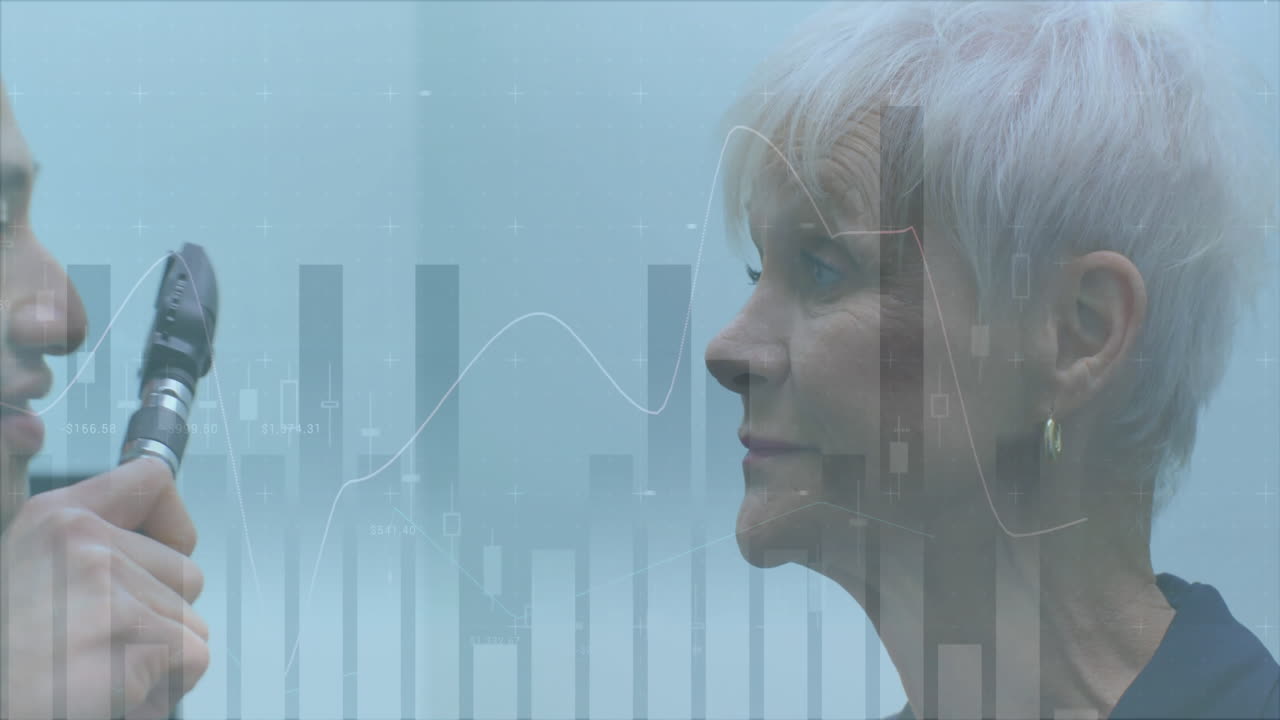 Animation af finansiel databehandling over biracial mandlig læge med kvindelig patient