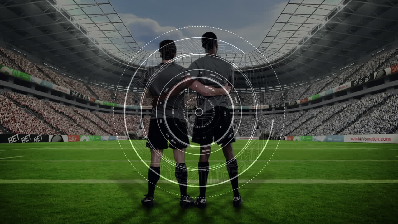 스타디움에서 다양한 럭비 선수들에 대한 데이터 처리 애니메이션