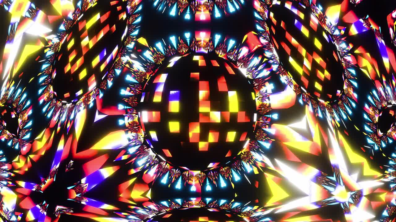 el kaleidoscopio de neón de la pelota de discoteca de bucle. animación sin costuras.