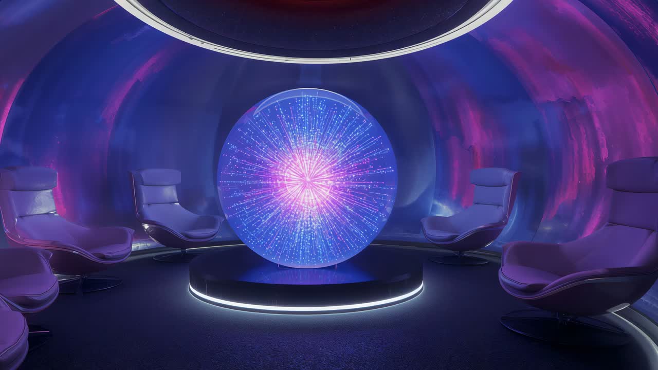 Pulsing energy core emitting light bursts in neon chamber upon power activation, with lounge chairs