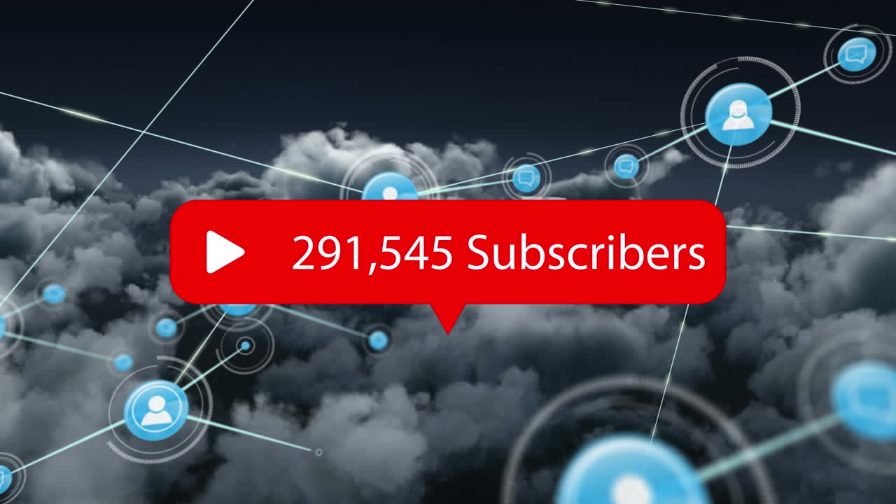 어두운 하늘의 구름 위에서 소셜 미디어 알림 및 통신 네트워크의 애니메이션