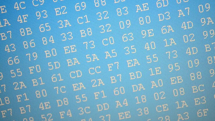Il movimento di un codice binario sotto forma di tabella. Velocità di cambiamento di un codice. Codice di programma esadecimale sullo schermo. Sfondo animato di numeri di codice binario in movimento.