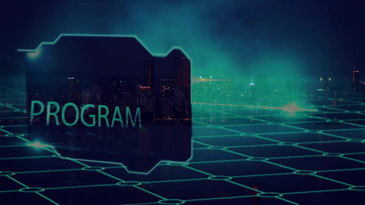 Animation of grid and program text over data processing and human representation