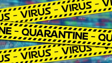 Yellow-police-tapes-with-Virus-and-Quarantine-text-against-stock-market-data-processing