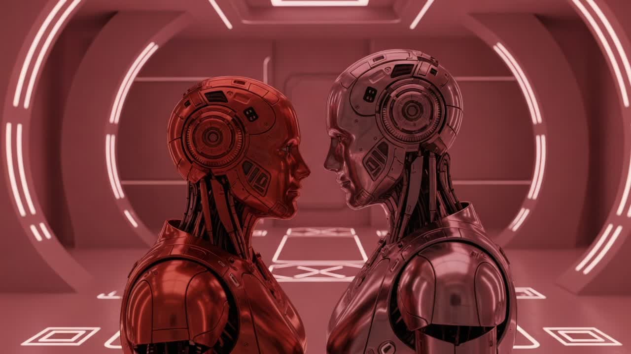 A Captivating Encounter Between Two Futuristic Robots in a Sleek Neon Environment, Highlighting Their Distinctive Designs and Intriguing Expressions in an Artificial Setting