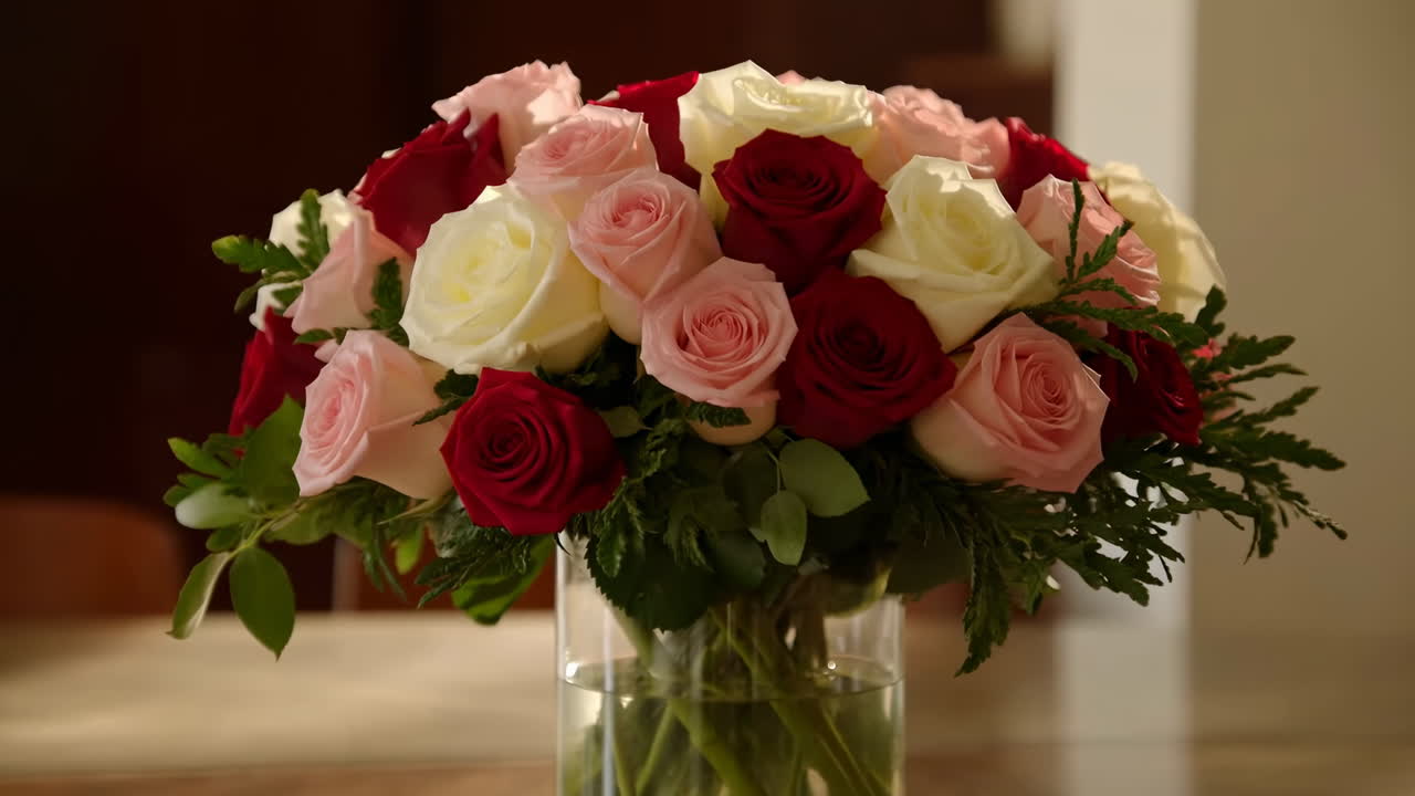 Bellissimo bouquet di rose rosse, rosa e bianche in un vaso di vetro.