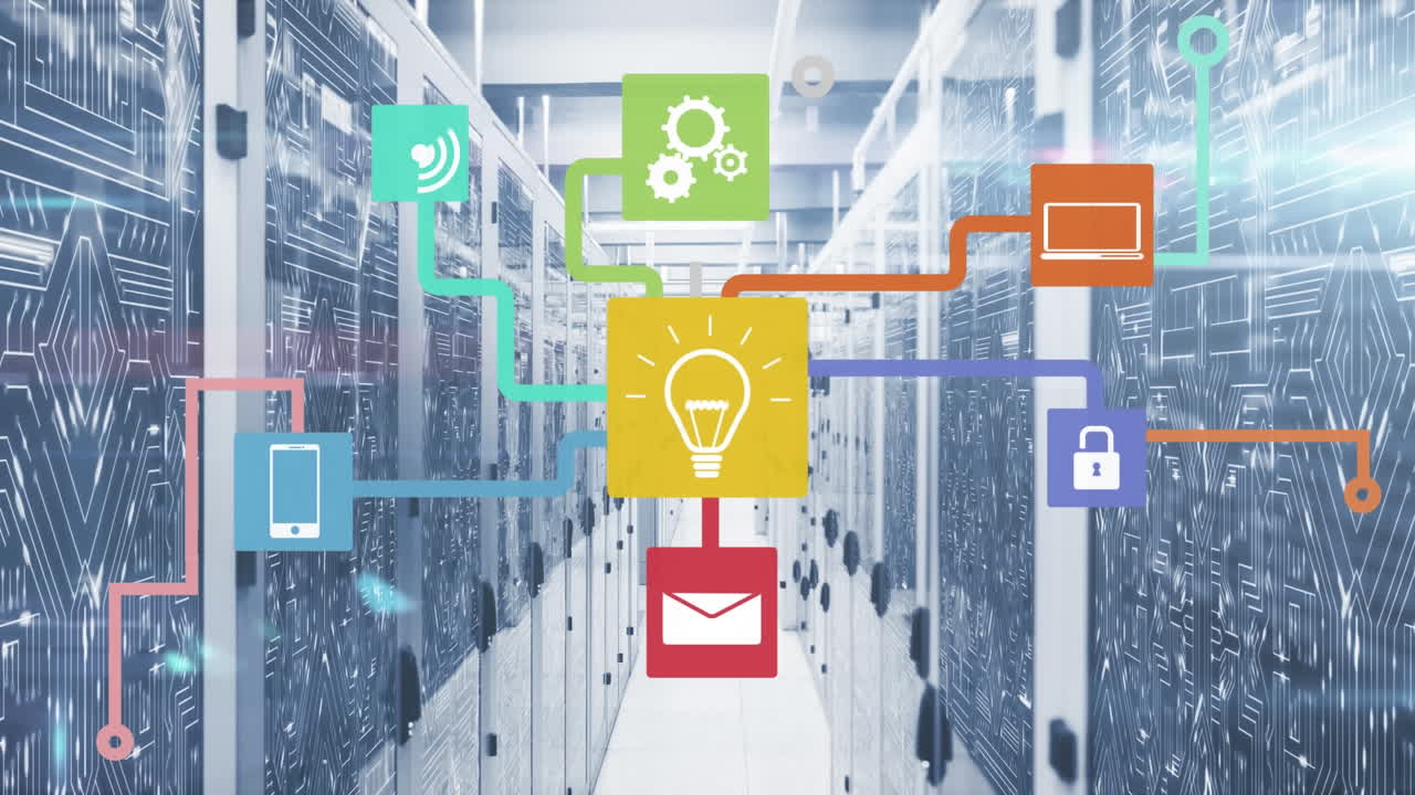 컴퓨터 서버를 통해 아이콘으로 연결 네트워크의 애니메이션