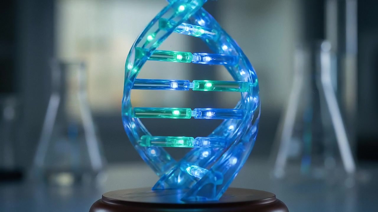 Fyzický model struktury molekuly DNA svítící na stole vědecké laboratoře