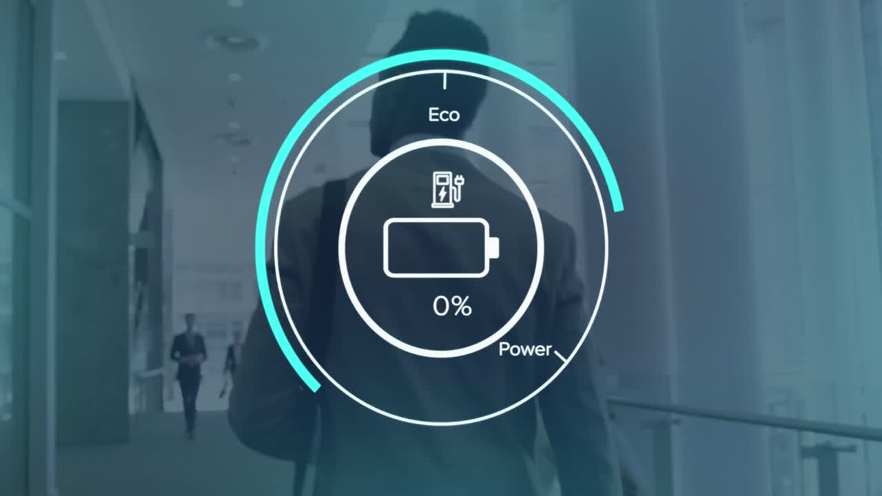 배터리 아이콘이 있는 로딩 서클에 있는 스피도미터의 애니메이션, 사무실에서  ⁇ 고 있는 아프리카계 미국인