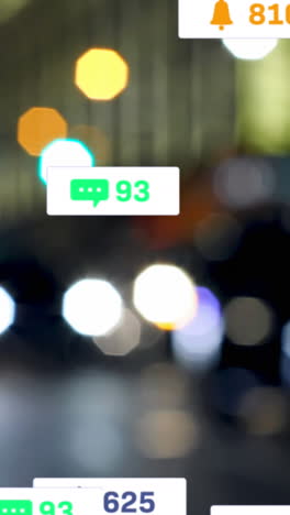 animación de iconos y números de redes sociales sobre semáforos desenfocados