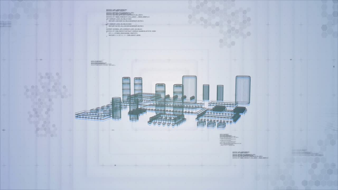 Starting with shapes lifting and forming towers, model forming rotating square frame for blueprint