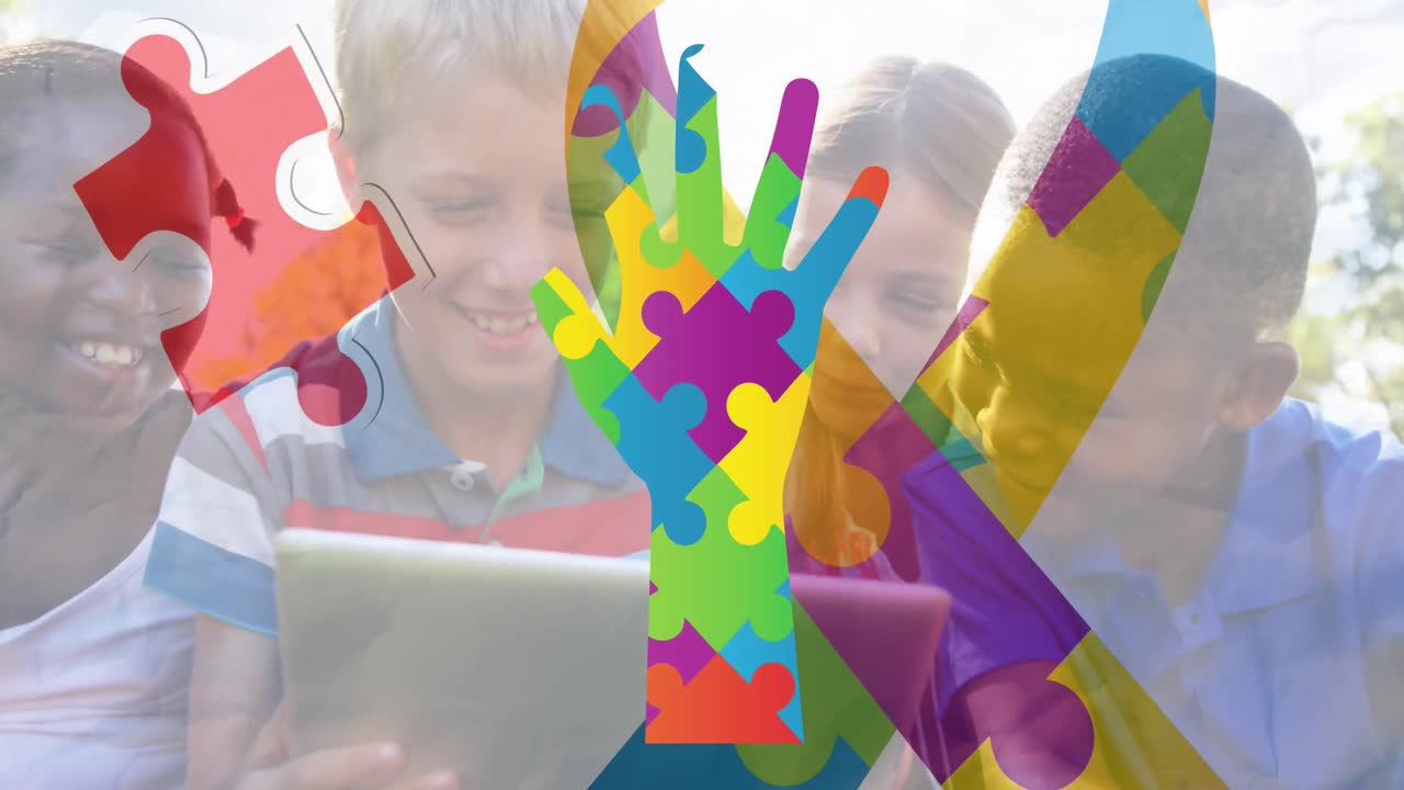 Animazione di pezzi di puzzle colorati, un nastro e una mano sopra dei bambini