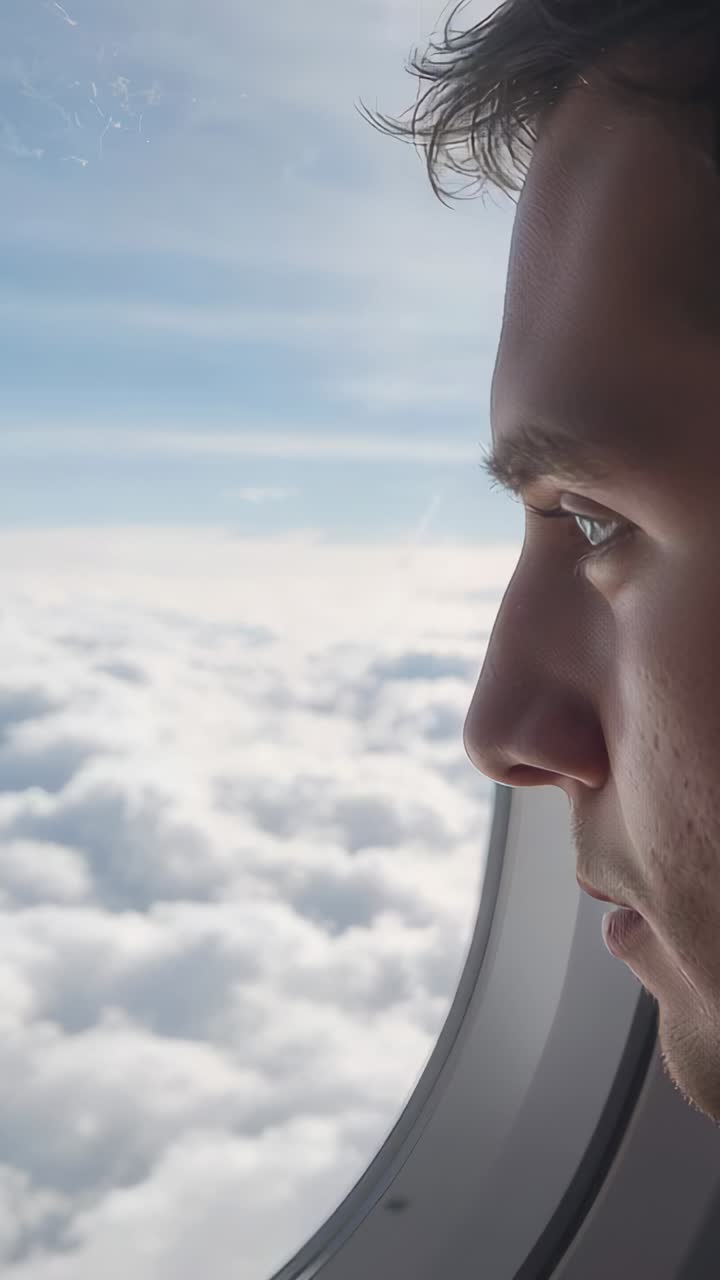 Vertical video: Gazing male passenger noticing clouds filling view through plane window, copy space