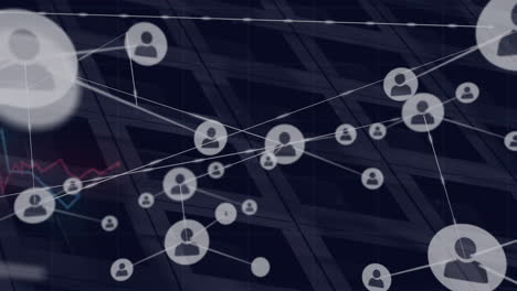 animación de la red de iconos de usuarios conectados sobre un fondo geométrico oscuro y abstracto