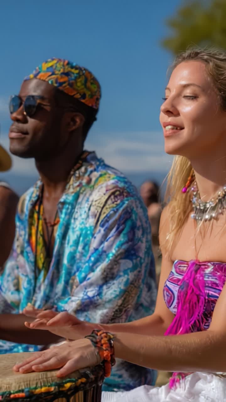 Un momento fascinante de percusión y baile: Celebrando el ritmo y la conexión en una animada reunión al aire libre con amigos bajo un cielo azul brillante