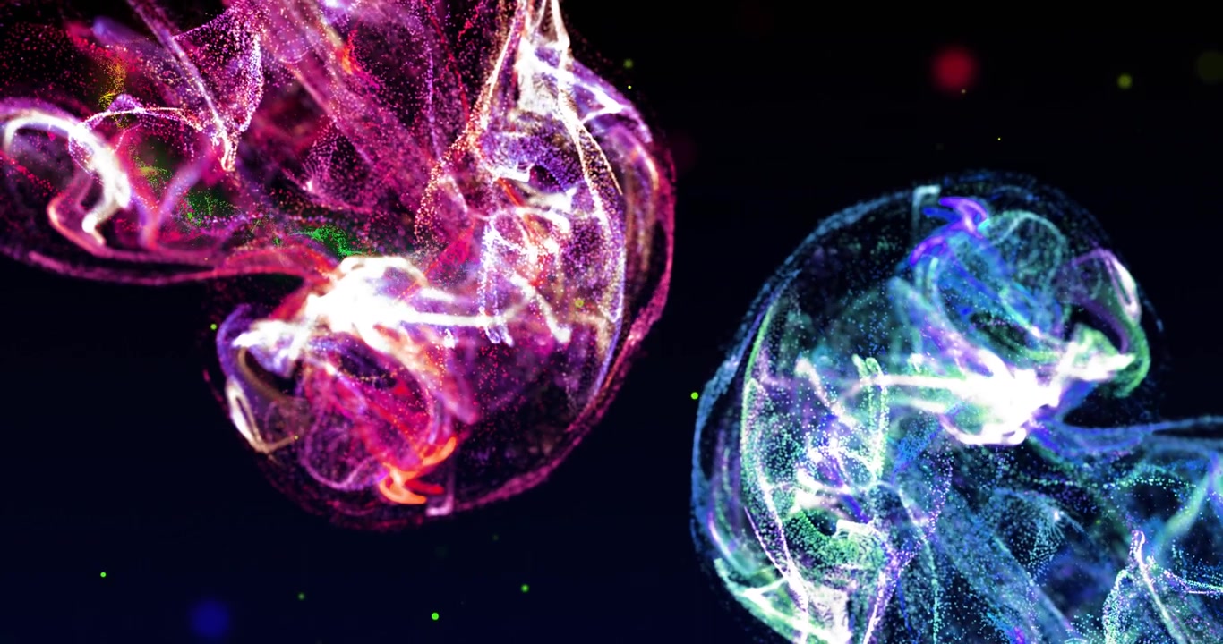 Luminous masses pulsing in space, streak appearing from left connecting, showing energy flow, tech