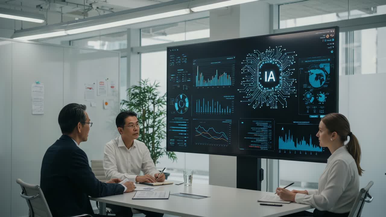 Collaborative Business Meeting Focusing on Advanced AI Data Analysis with Interactive Digital Displays Showcasing Graphs, Metrics, and Real-Time Insights