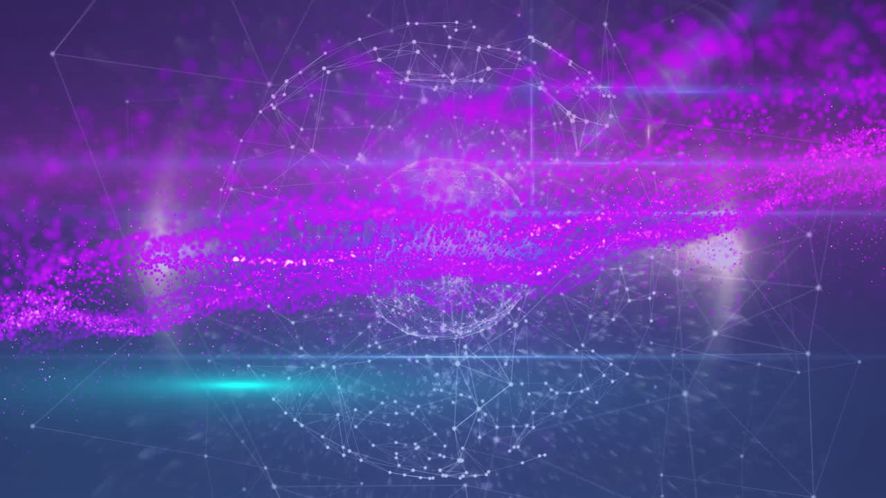 Digital network and data processing animation on abstract purple background