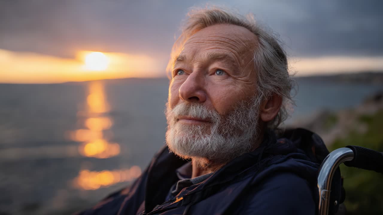 Un momento di contemplazione in riva al mare al tramonto, che mostra un uomo anziano in sedia a rotelle con un'espressione serena mentre la luce dorata si riflette sull'acqua