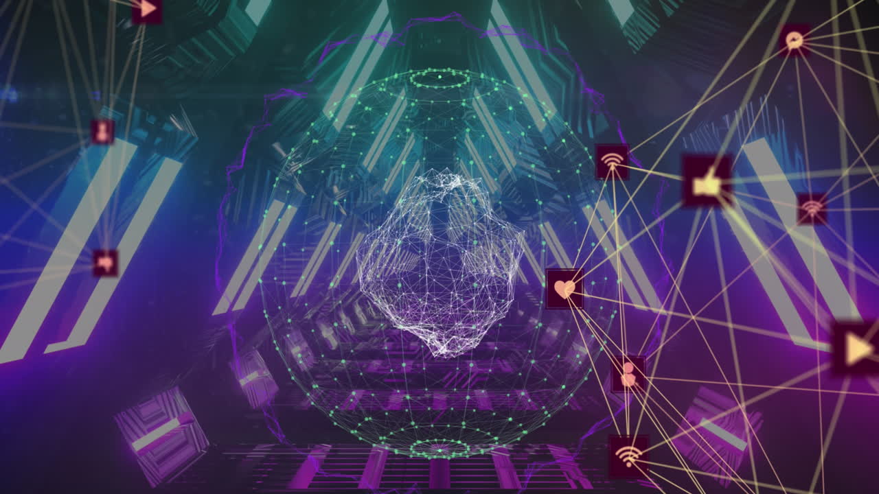 배경의 삼각형 터널 위에 구를 형성하는 연결된 아이콘과 점의 애니메이션