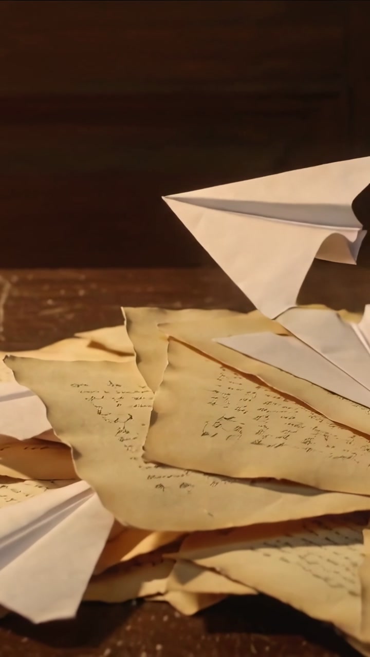 Vertical video: Lifting from stack white plane gliding across desk into red mailbox sending notes
