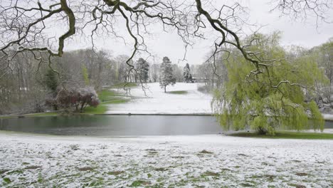 Amplia-Vista-Nevada-De-Invierno-De-Woluwepark-En-Bruselas,-Bélgica