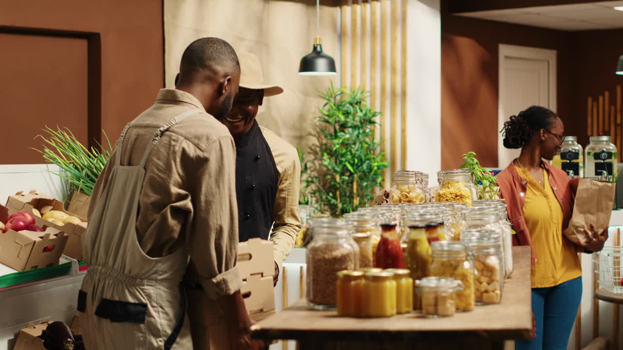 proveedor afroamericano que da productos frescos en cajas al comerciante