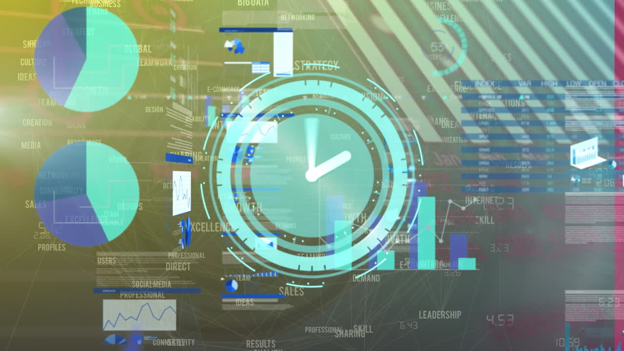 Animation of neon ticking clock over statistical data processing against gradient background