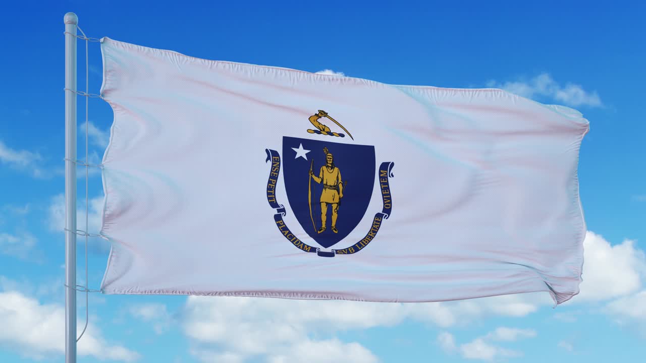 바람에 흔들리는 발 기둥에 매사추세츠 발, 파란 하늘 배경.