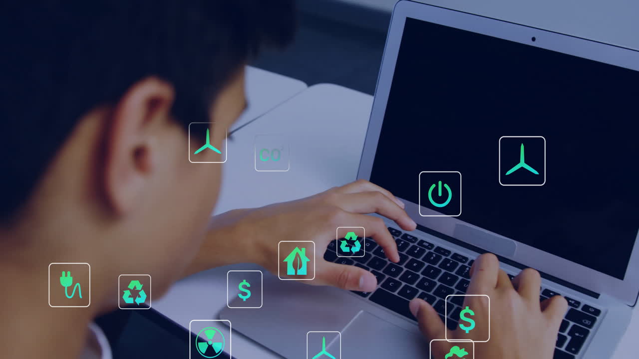Using laptop, person exploring digital icons of technology and sustainability concepts