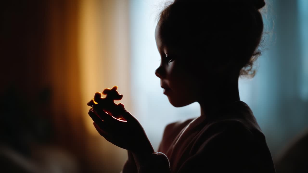 Un momento di riflessione: un bambino che tiene in mano un pezzo di puzzle in silhouette su uno sfondo leggermente illuminato, catturando l'essenza dell'immaginazione e della curiosità