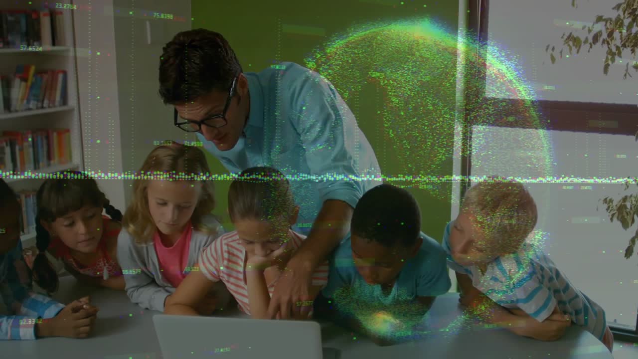 Teacher pointing laptop screen guiding student hands while green data overlays boosting education