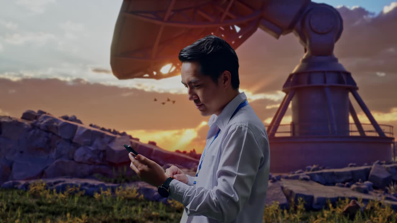 Side View Of An Asian Male Professional Worker Standing With His Smartphone With Large Satellite Dish, Checking On His Smartphone With Meditation