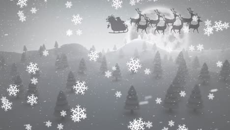 Animation-of-grey-silhouette-of-santa-claus-in-sleigh-being-pulled-by-reindeer-with-full-moon
