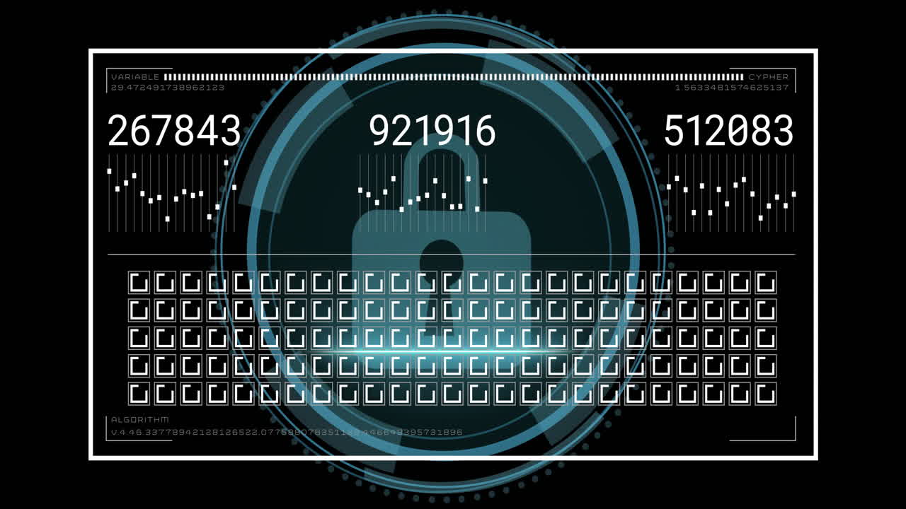 Digital lock and numbers over data encryption animation with binary code