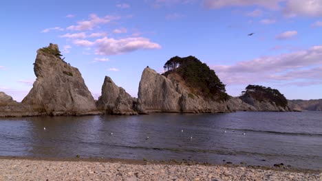 impresionantes paisajes en la playa de jodagahama en japón con acantilados afilados, luces cambiantes y gaviotas