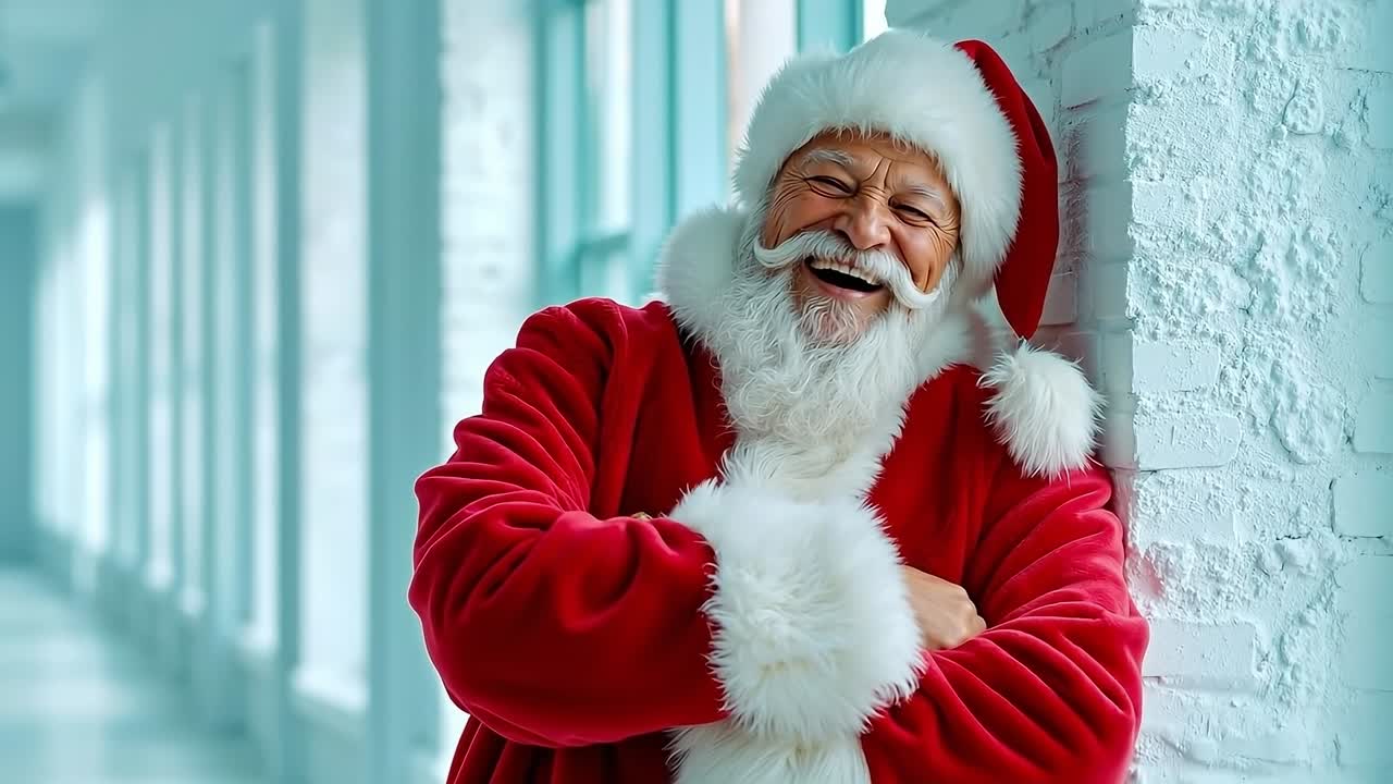 Un uomo vestito da Babbo Natale appoggiato a un muro con le braccia conserte