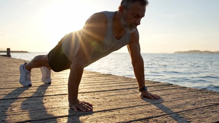 A determined individual performs push-ups on a sunlit dock, embodying strength and perseverance against a serene waterfront backdrop.