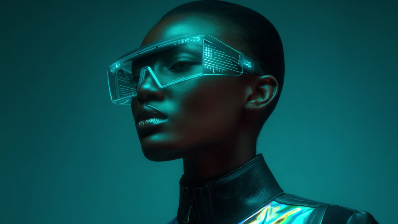Futuristic Fashion Portrait Featuring a Model in Stylish Edge-Reflective Attire and Intricate Clear Visors Against a Rich Teal Background Capturing Unique Aesthetics and Modern Vibes