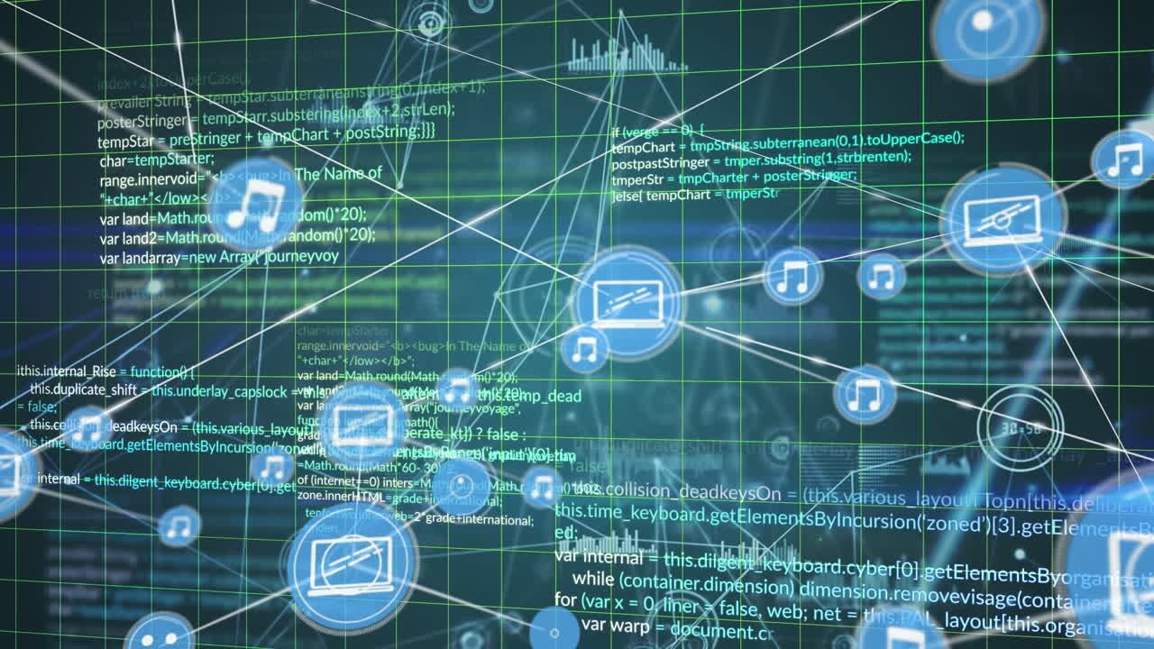 Animation of network of connections with icons over grid