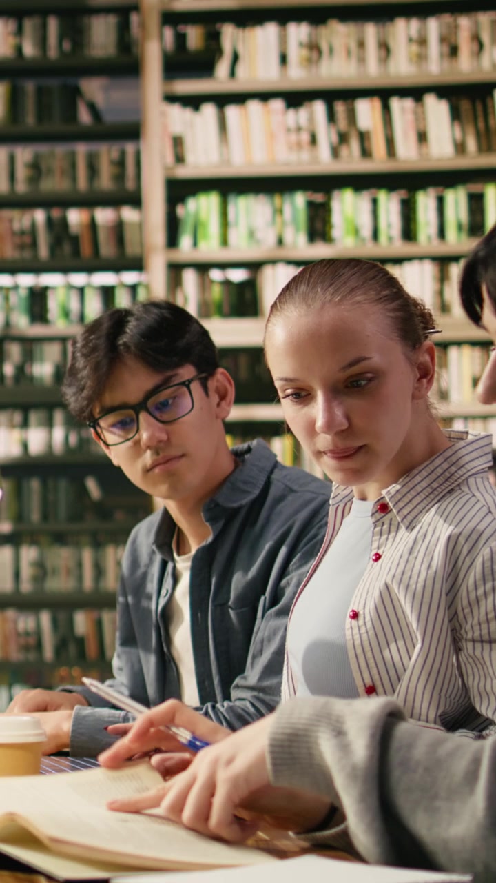 Video verticale: Giovani studenti universitari leggono e scrivono a un tavolo della biblioteca con libri.